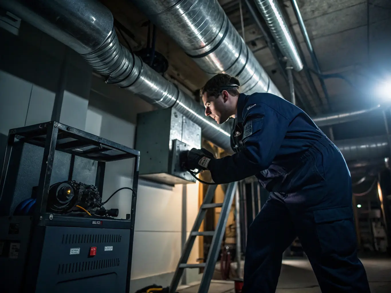 A certified technician performing a detailed inspection and cleaning of an air duct system.