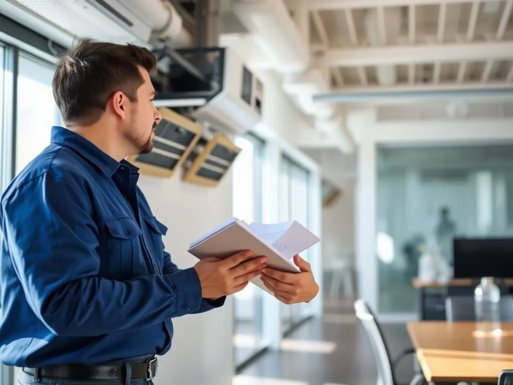 A technician inspecting an HVAC unit with a tablet in hand, showcasing a detailed diagnostic process. The setting is a clean, well-maintained commercial building.