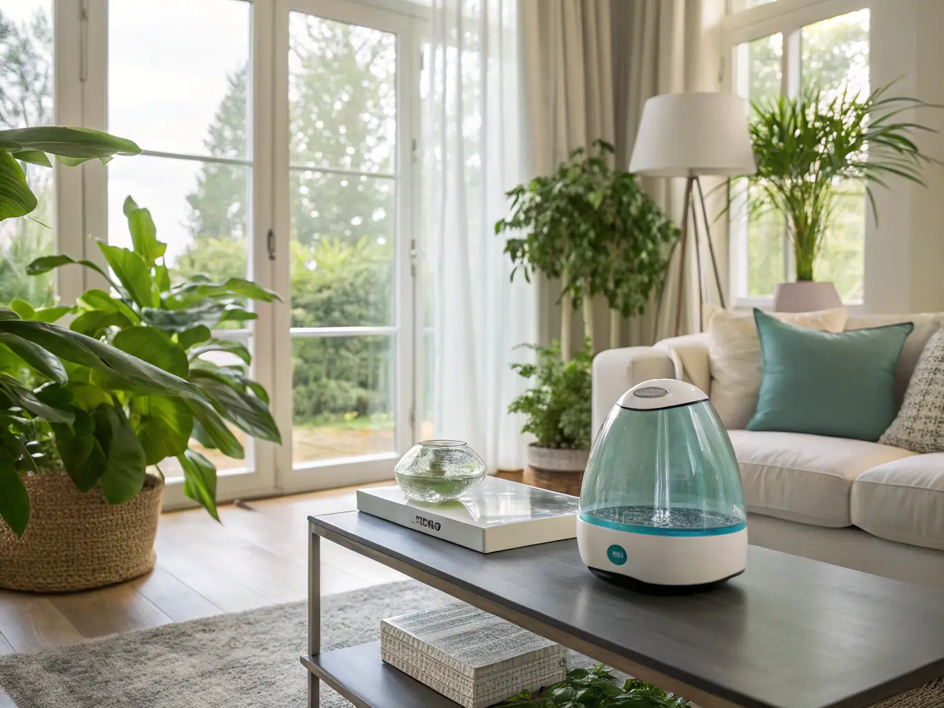 An air purifier running in a modern living room, with sunlight streaming through the window, highlighting the clean and fresh air.