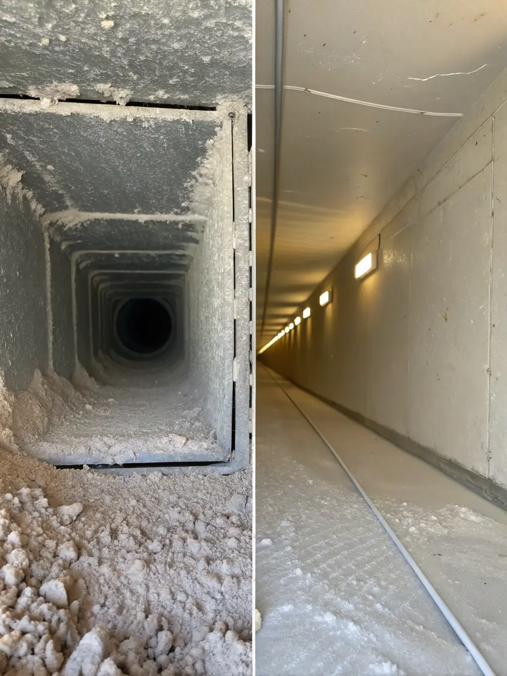 A before-and-after shot of air ducts, showing the dramatic difference after a professional cleaning service.