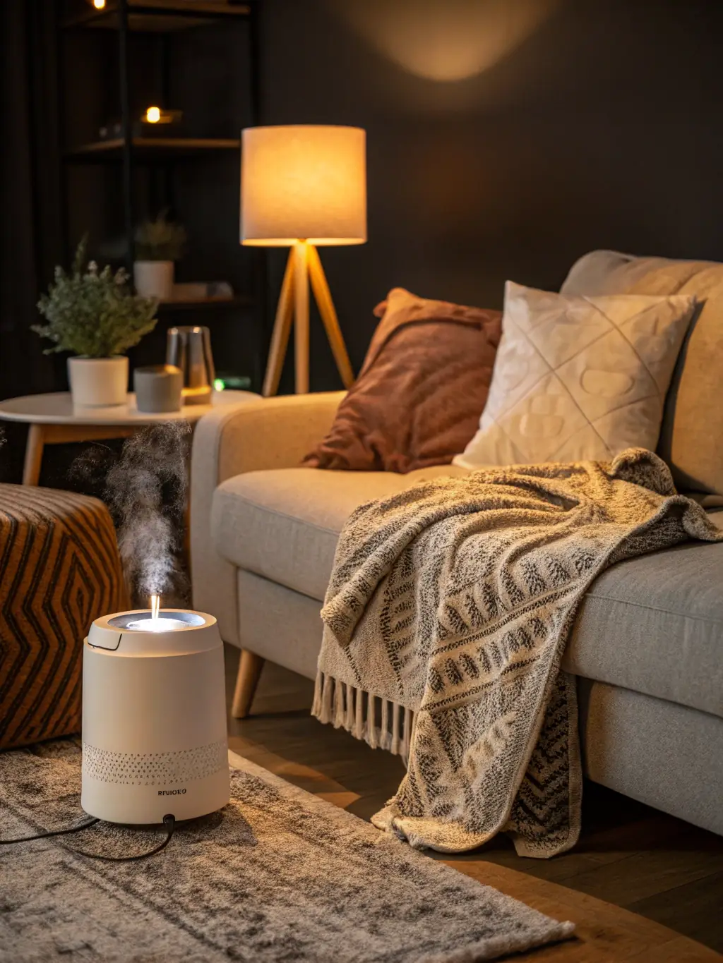 A close-up of an air purifier and humidifier in a modern living room, showcasing indoor air quality solutions.
