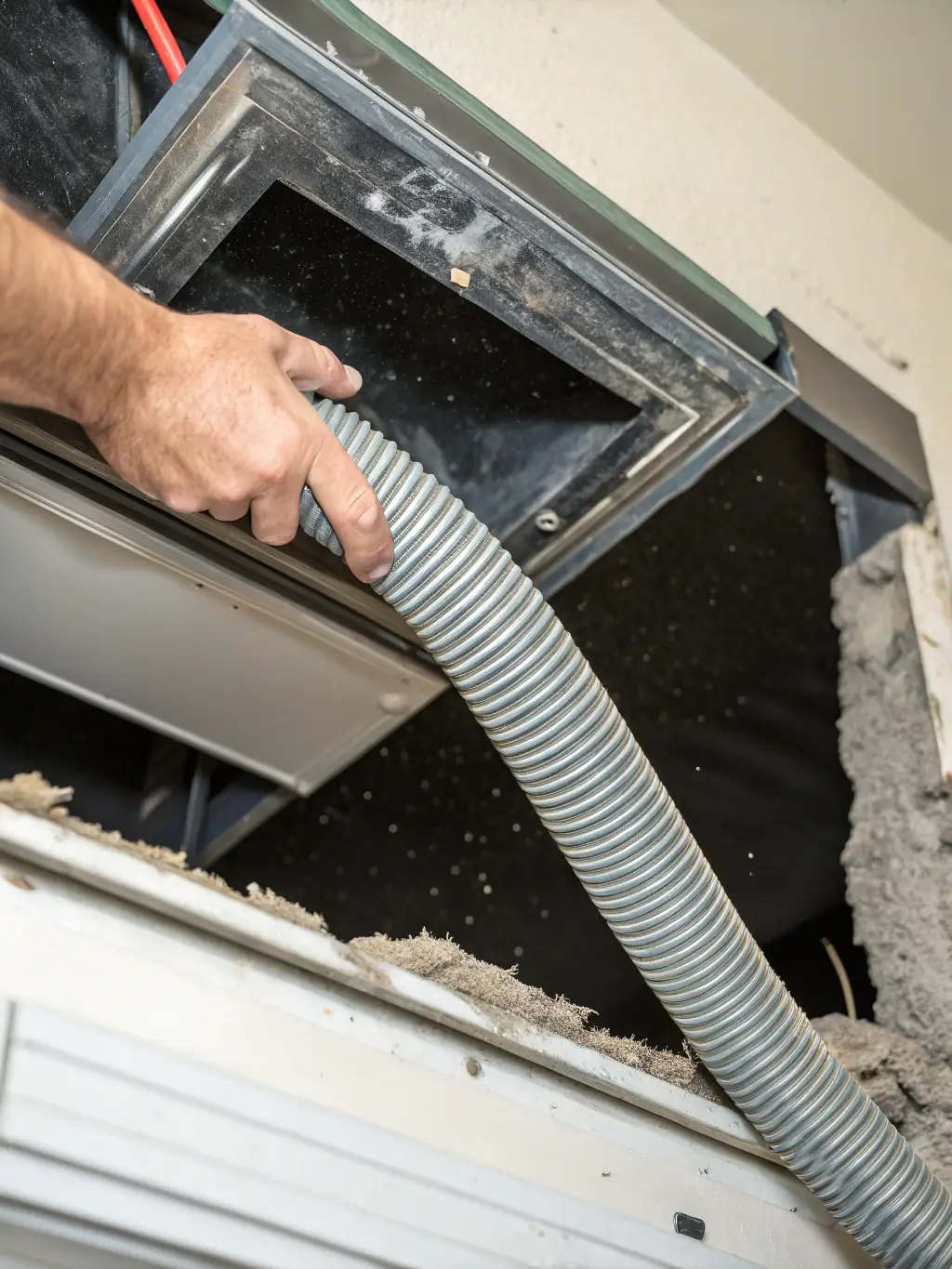 A technician using high-powered vacuum equipment to clean air ducts in a residential setting, removing dust and debris.