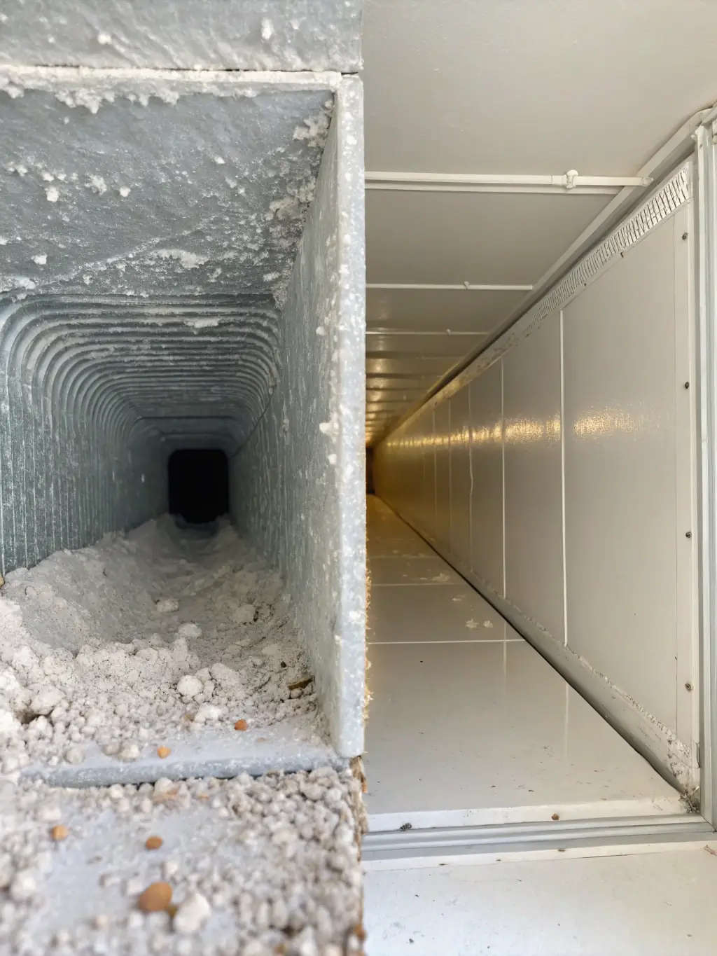 A before-and-after shot of air ducts, showing the dramatic difference in cleanliness after a professional cleaning by Air Duct Professionals.