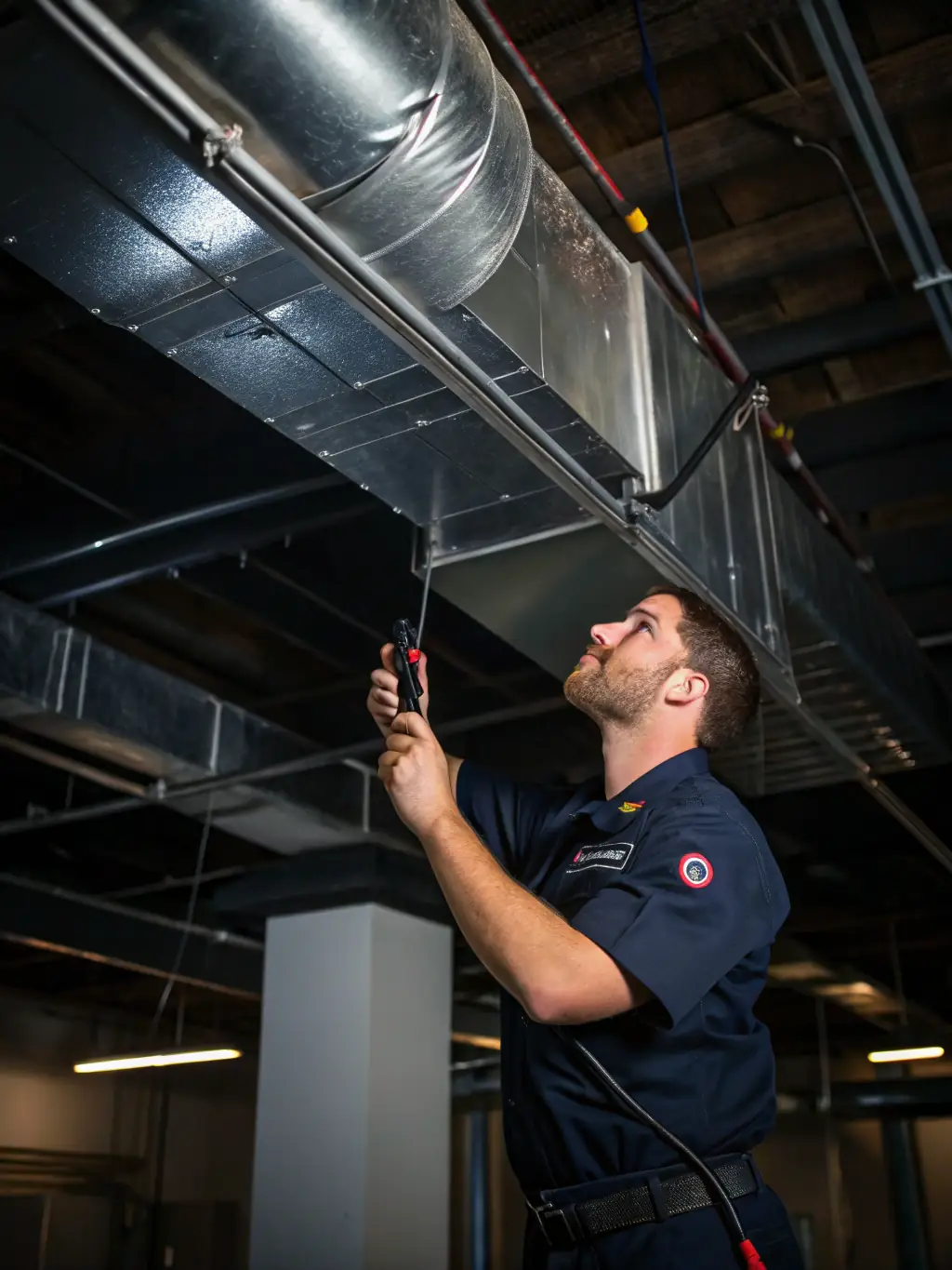 A technician inspecting and servicing an HVAC unit in a commercial building, ensuring optimal performance.